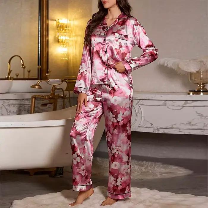 Ensemble pyjama en Satin à imprimé Floral pour femmes, manches longues et pantalon pour un sommeil confortable, vêtements de détente doux et vêtements de nuit
