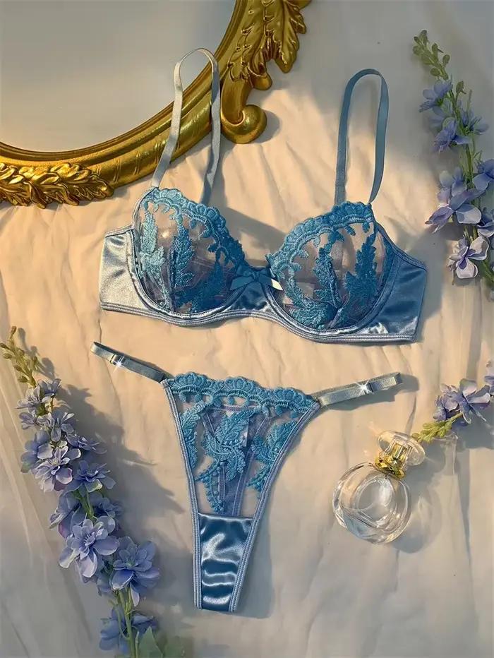 Ensemble de Lingerie Sexy pour adultes, sous-vêtements en maille Ultra fine bleu clair, ensembles de soutien-gorge et culottes brodés délicats, Lingerie Sexy translucide