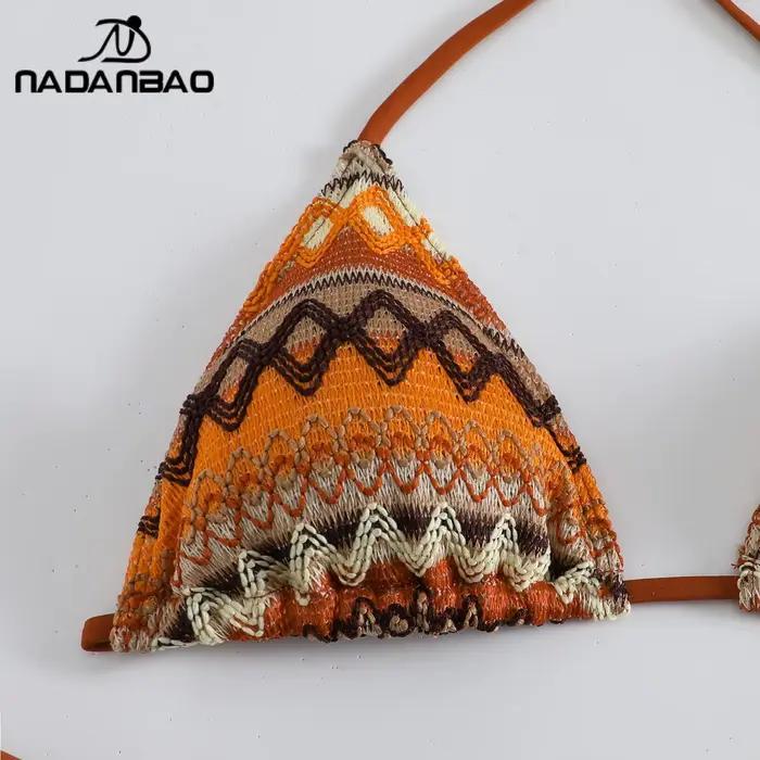 Nadanbao Sexy tricot imprimé fleuri Bikini ensembles maillots de bain femmes marron dos nu mode maillot de bain femme licou plage fête Bikini