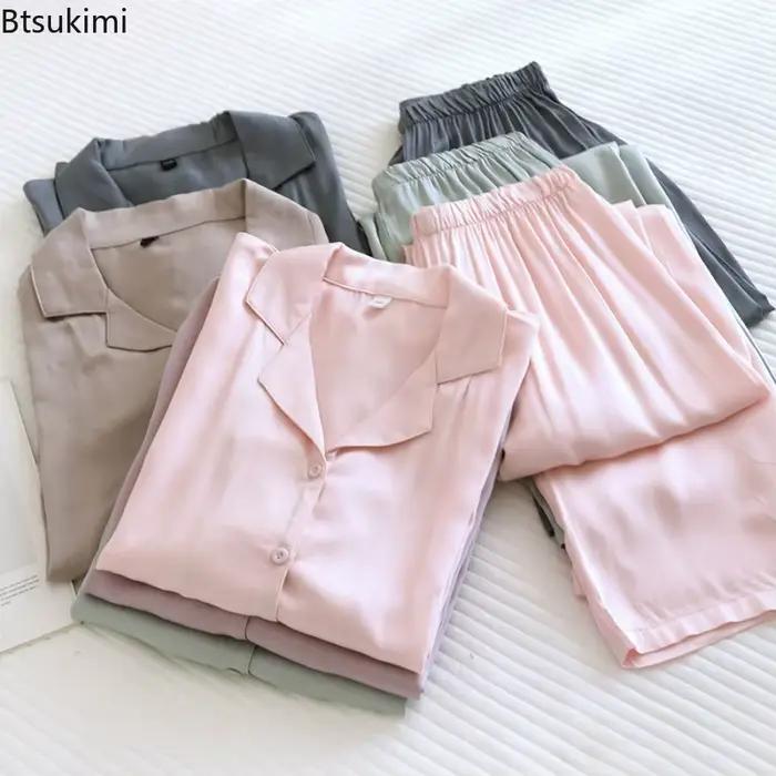 Ensembles de pyjamas amples et doux 2026 pour couples, hommes et femmes, en coton, soie et satin fin, vêtements d'intérieur printemps-automne, tenue de nuit 2 pièces