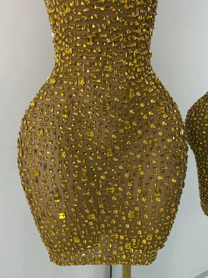 Robe courte de soirée dorée, diamants scintillants, luxe, maille élégante, transparente, vêtements de Cocktail, d'anniversaire, vêtements de spectacle en boîte de nuit