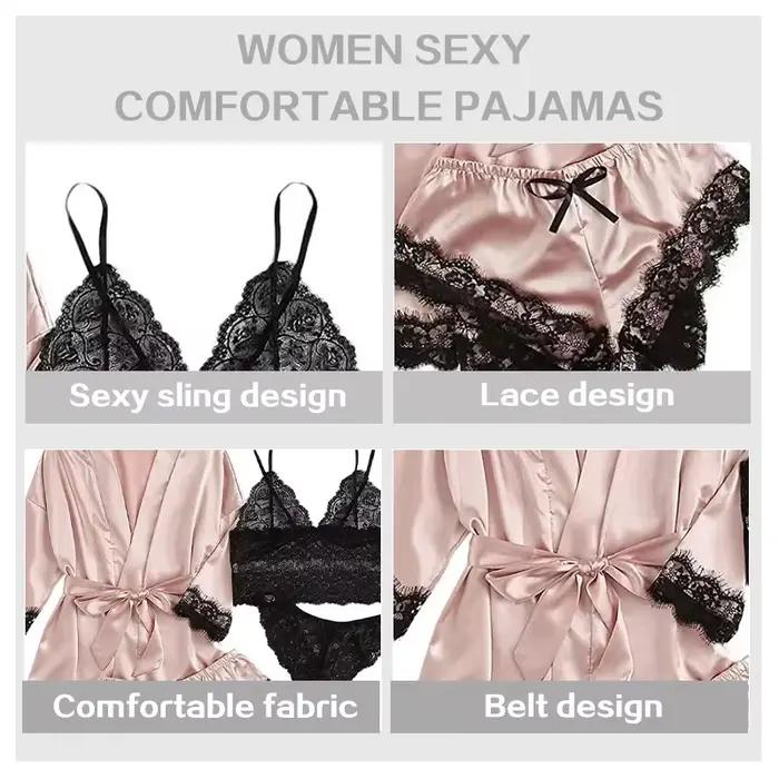 4 pièces femme vêtements de nuit pyjamas Ser avec Robe Sexy dentelle Lingerie peignoir soie Satin maison