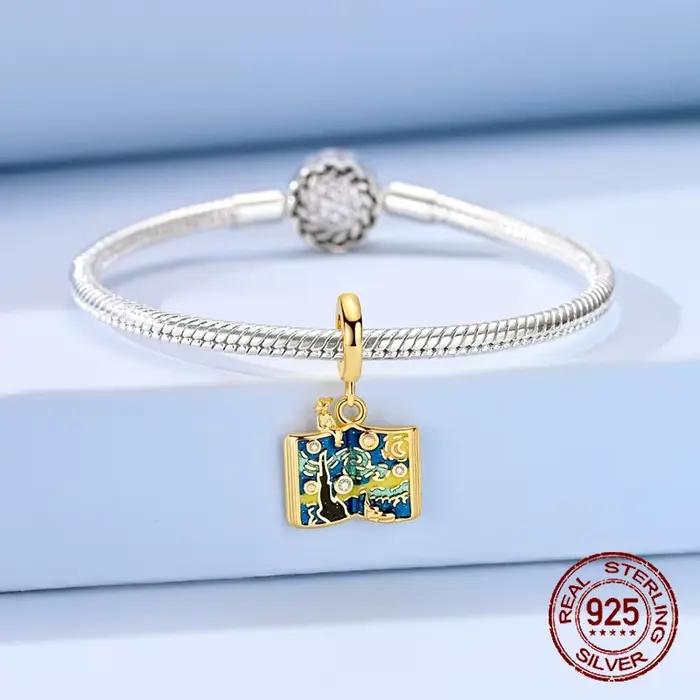 Breloque pendante Livre Nuit étoilée Van Gogh en Argent Sterling 925, Émail et Pierres CZ, Perle d'art pour Bracelets, Cadeau Bijou pour Femme
