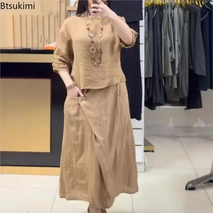 Nouvel ensemble chic deux pièces pour femme 2025 – Blouse unie décontractée et jupe midi ample – Tenue élégante