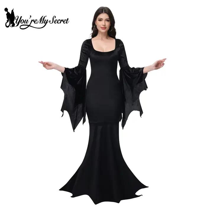 Robe de famille en queue de poisson rétro gothique, manches évasées, Halloween, Morticia Adams, Primate Black Adams, Tu es mon secret