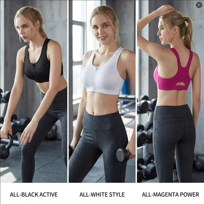 Soutien-gorge de sport pour femme à fermeture éclair frontale, dos nageur croisé, maintien élevé, bretelles réglables, boucle dorsale, pour entraînement, fitness et course à pied