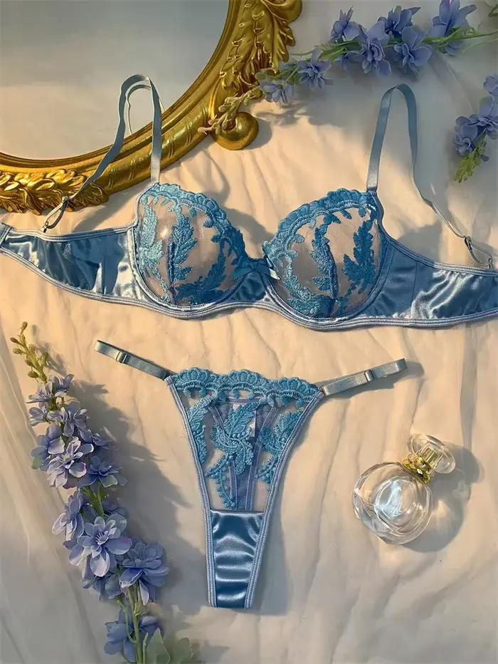 Ensemble de Lingerie Sexy pour adultes, sous-vêtements en maille Ultra fine bleu clair, ensembles de soutien-gorge et culottes brodés délicats, Lingerie Sexy translucide