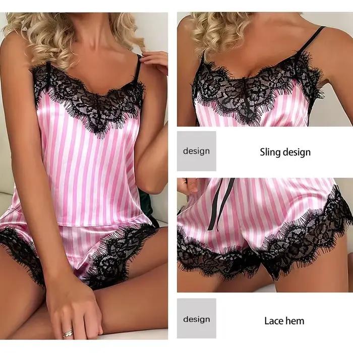 Ensemble de pyjama sexy à col en V pour femme, short à bretelles en dentelle, décontracté, fibre sexy, 2 pièces