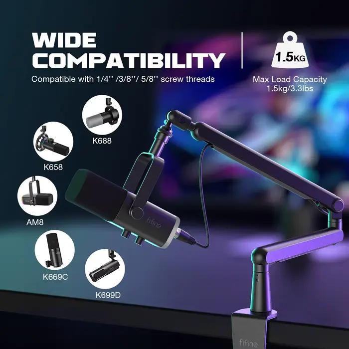 FIFINE-Microphone HONArm Ampligame, Bras de micro à profil bas réglable avec pince de montage de bureau, Rangement de câbles pour Streaming-BM88