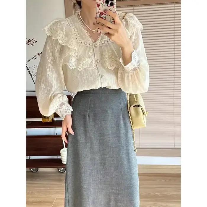 Vintage français femmes chemises dentelle Lolita élégant à manches longues volant Blouse de haute qualité bureau dame