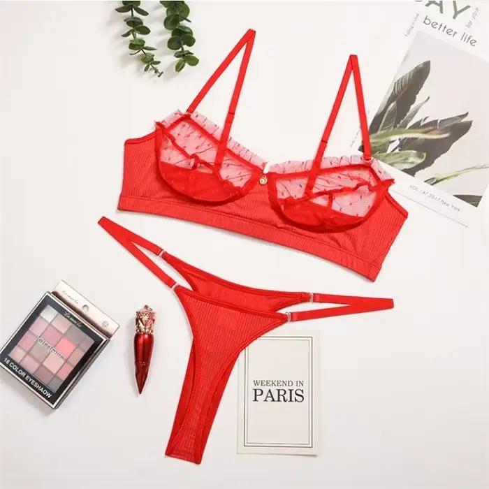 Ensemble de sous-vêtements 2 pièces en dentelle et maille à volants pour femmes