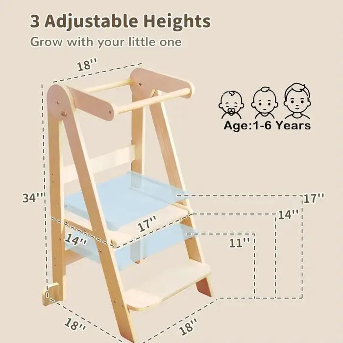 Tour pour tout-petits Tour d'apprentissage Montessori réglable 3 en 1 | Escabeau pliable pour cuisine | Bois naturel (1-6 ans)