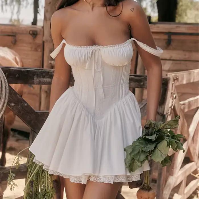 Élégant dentelle Corset décontracté blanc robe de Ballet courte col carré a-ligne pansement Mini robes doux Y2K noir 2025 été nouveau dans