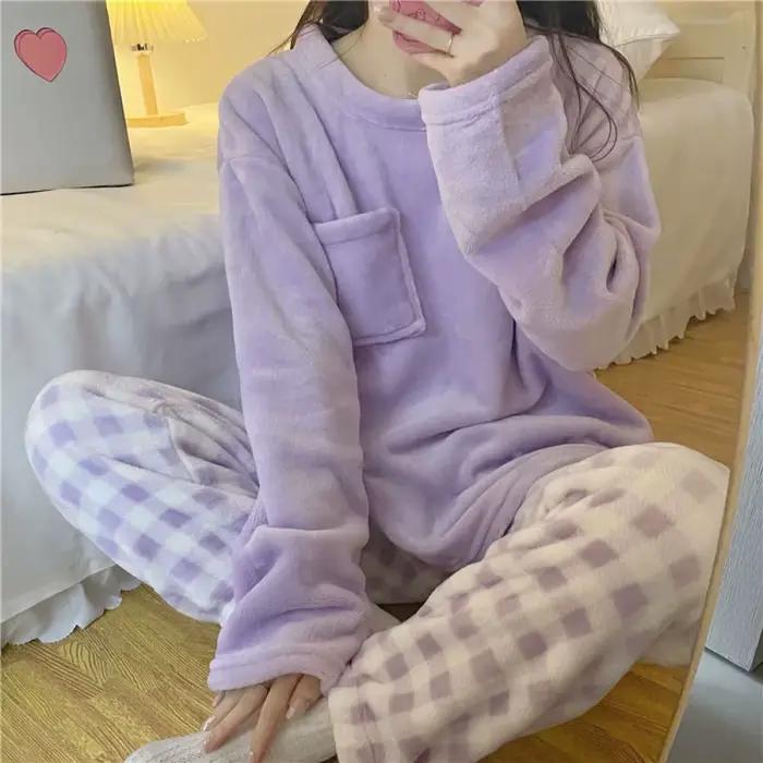 Smile Optics-Ensemble de Pyjama Chaud pour Femme, Vêtements de Nuit d'Hiver, Haut Solide Décontracté et Pantalon à Carreaux Doux, pour la Maison
