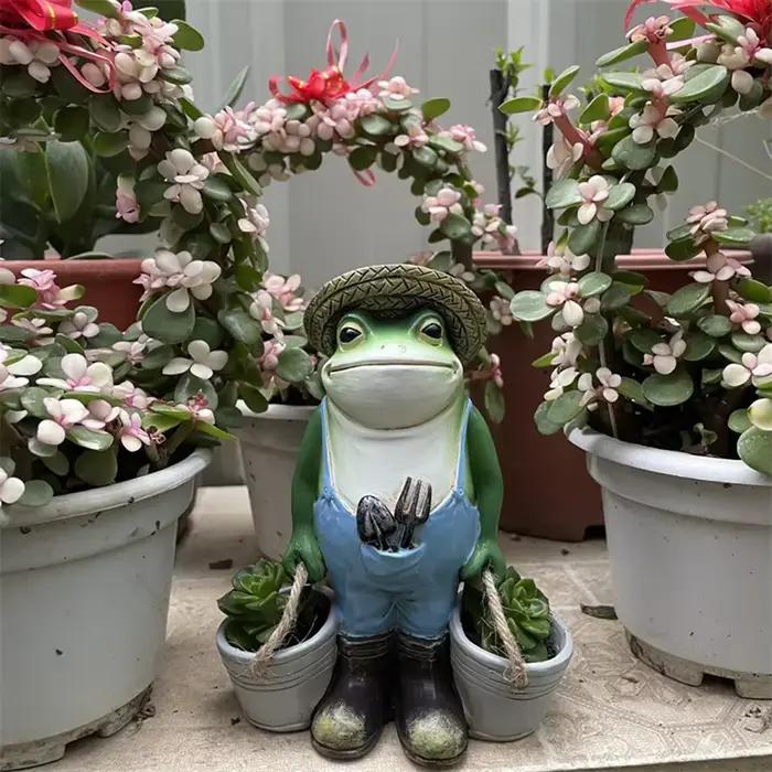 Statue de grenouille amusante pour jardin, ornement en résine pour pot de fleurs, pot créatif pour plantes succulentes, décoration intérieure et extérieure