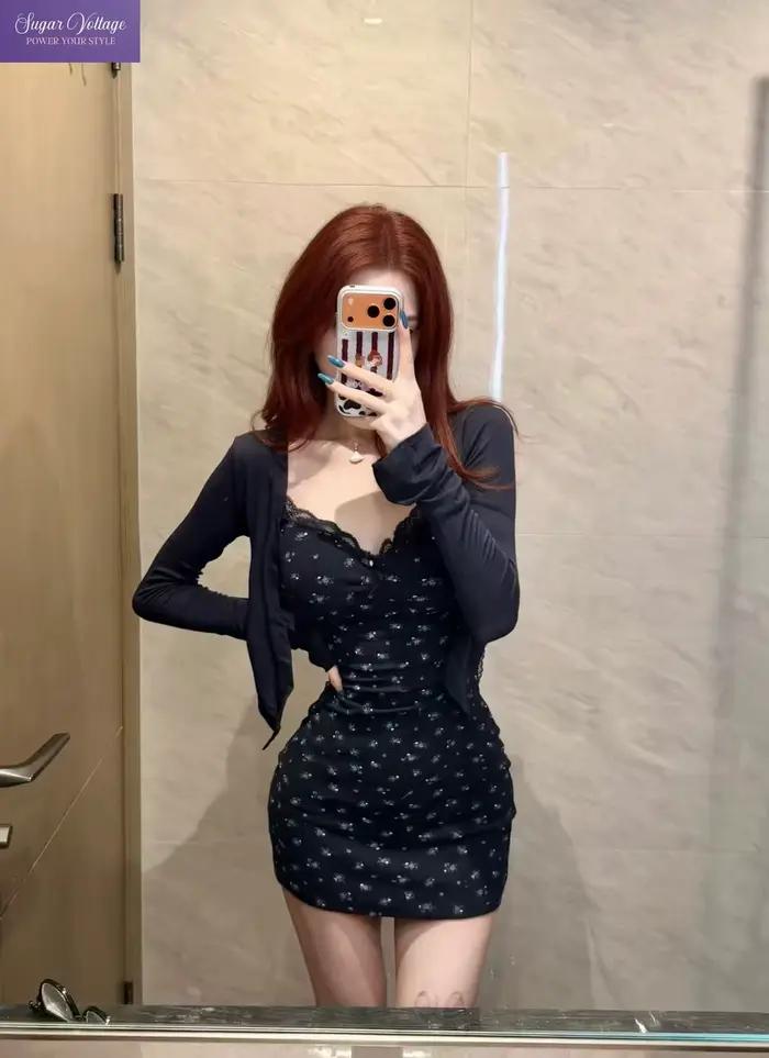 Ensemble 2 pièces robe mini moulante en dentelle florale style Coquette Kawaii Dark Sweet pour femme