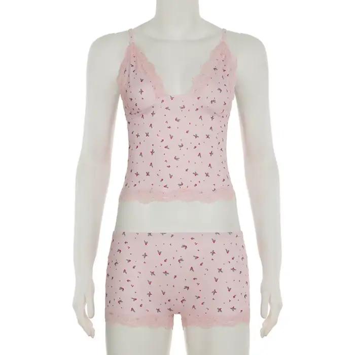 Ensemble de pyjama sexy deux pièces en dentelle florale rose pour femme, style occidental, caraco sans manches et short moulant, idéal pour l'été
