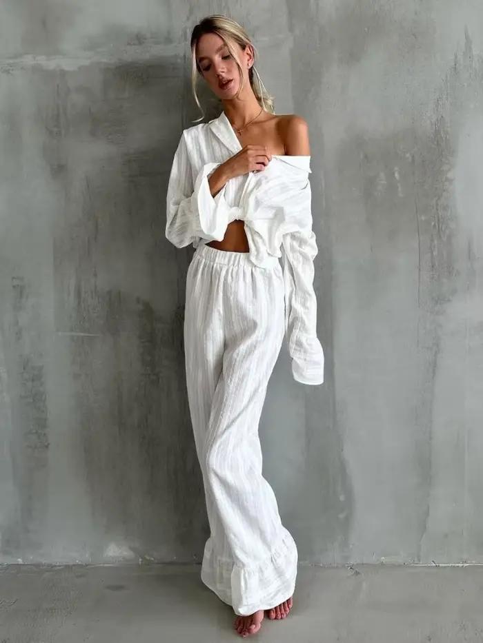 Ensemble de pyjama blanc pour femme 100 % coton