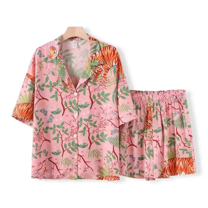 Pyjama en coton imprimé animaux tigre pour femmes, vêtements de nuit confortables, costume pour printemps et été, vêtements de maison pour dames
