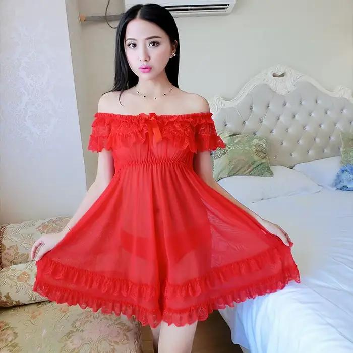 Ensemble de lingerie sexy en dentelle pour femmes, robe de nuit rouge avec culotte assortie, camisole en dentelle transparente, nuit romantique