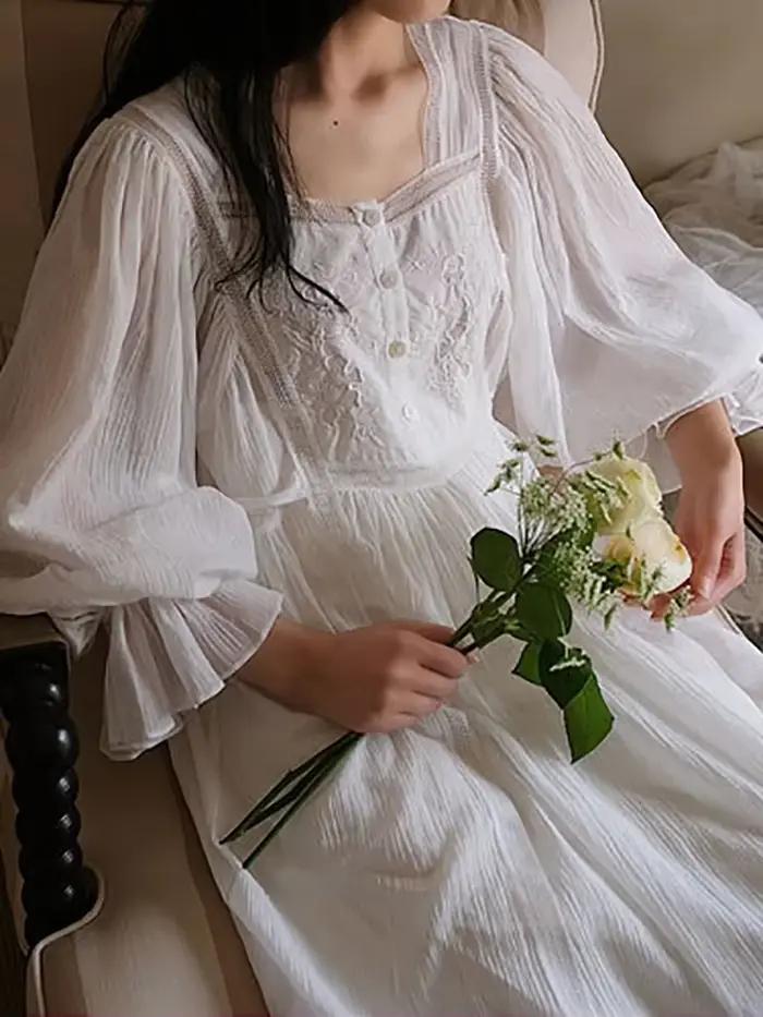 Femmes pur coton volants Vintage chemises de nuit Robe nuisette longue