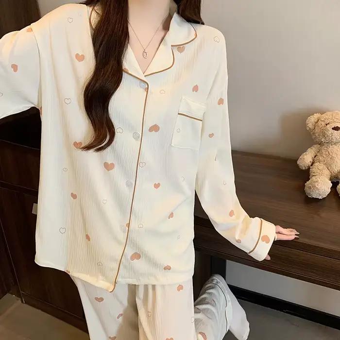 Ensemble pyjama pour Femme, vêtements de nuit imprimés avec nœud, hauts boutonnés, Long, costume 2 pièces, vêtements de nuit pour l'hiver