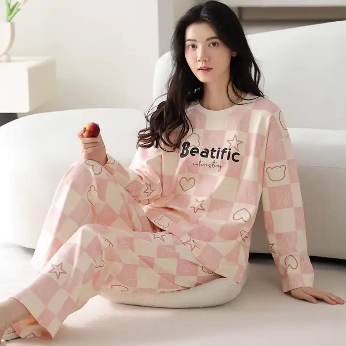 2 pièces/ensemble pyjama femme printemps et automne pantalon à manches longues dessin animé mignon peut être porté à l'extérieur de loisirs et confortable studen