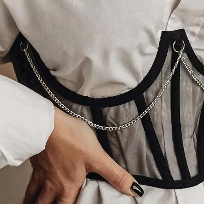 Corset sous-poitrine noir avec chaîne punk pour femmes style gothique dentelle ajustable tous les jours