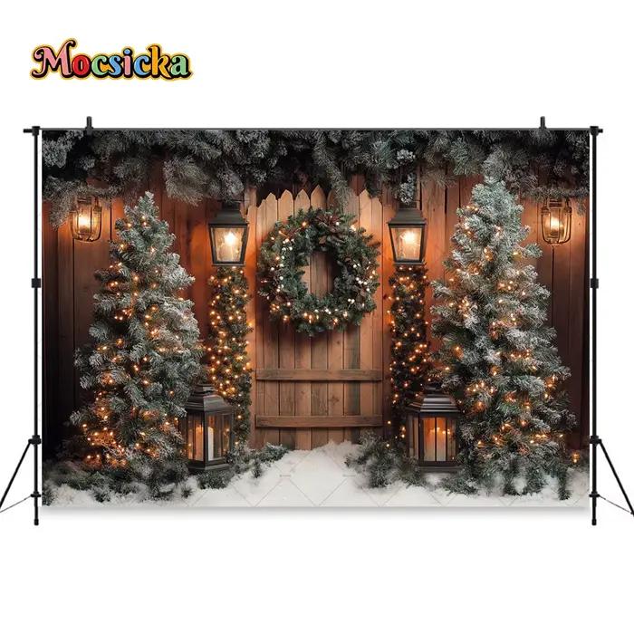 Photographie de fond de nuit d'arbre de Noël, clôture en bois rustique, toile de fond de lanterne d'arbre de Noël, scène de neige d'hiver pour enfants, studio photo