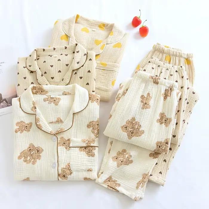 Femmes Pyjamas 2 pièces ensemble 100% coton gaze à manches longues pantalon mignon ours imprimé