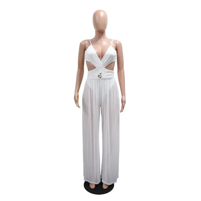 Été 2025 femmes Sexy col en v découpe fronde Cami combinaison couleur unie dos nu voir à travers une pièce pantalons longs fête Club barboteuse
