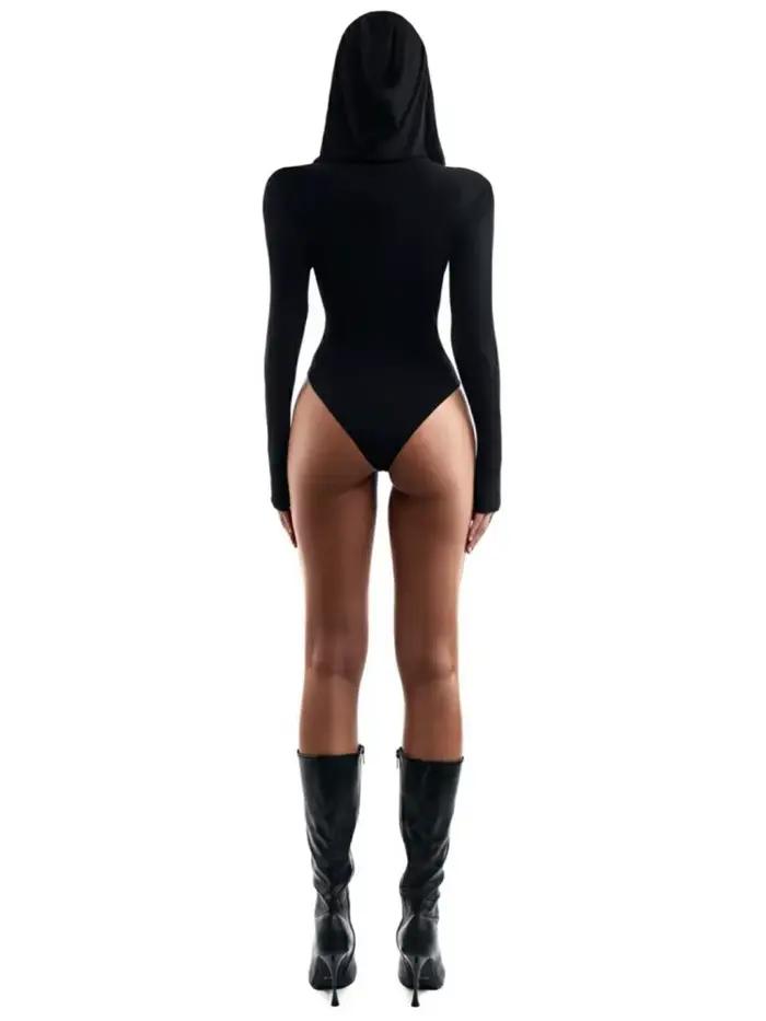 Body à capuche col en V pour femme, manches longues, lingerie sexy, hauts féminins, vêtements Y2K, noir uni, une pièce, bustier, tenue de rave