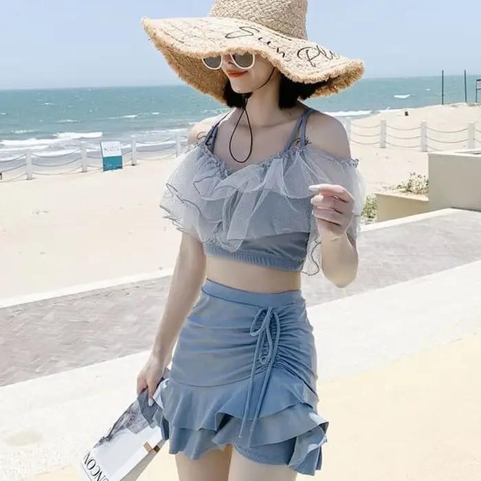 Maillot de bain deux pièces pour femmes, bikini sexy, élégant, dos nu, à volants tendres, à la mode, style coréen, pour filles douces, été