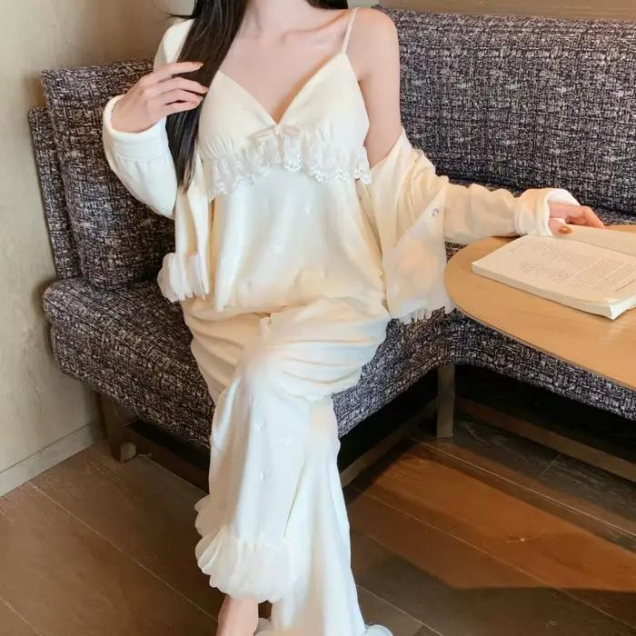 Island Velvet Women's Pajamas 3Pcs Set Loungewear Elegant Sexy Lace Trim Sleepwear Pijamas Suit Loose Casual Home Clothes Pyjama