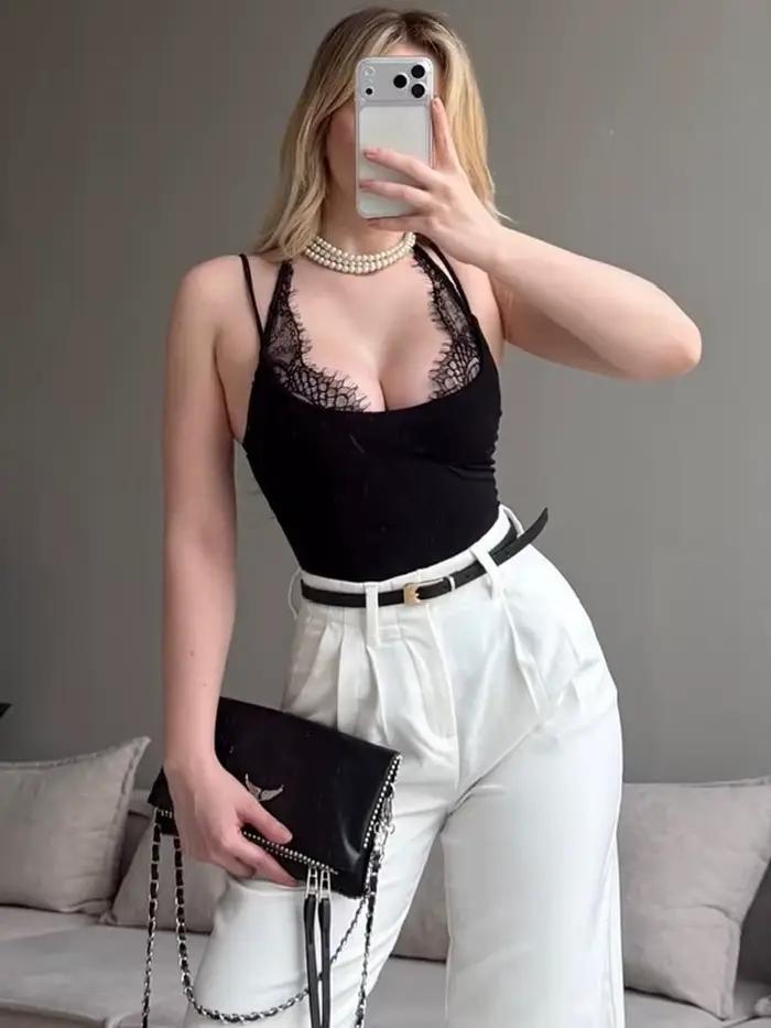 Nouveauté 2026 : Combinaison moulante sexy en dentelle pour femme, style patchwork ajouré et transparent, couleur unie