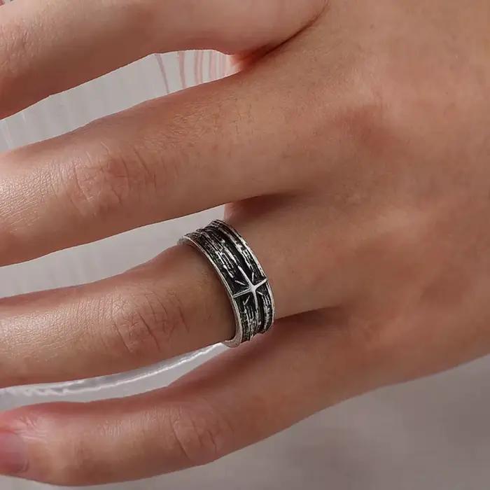 Bague ouverte réglable unisexe style punk gothique argenté étoilé, bijou artisanal rétro, cadeau pour hommes et femmes