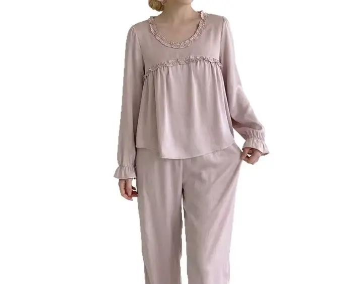 Pyjama Femme Printemps-Automne en Soie Glacée 2026 Nouvelle Collection Couleur Unie Col Rond Style Français Tenue d'Intérieur Ensemble Pantalon Manches Longues