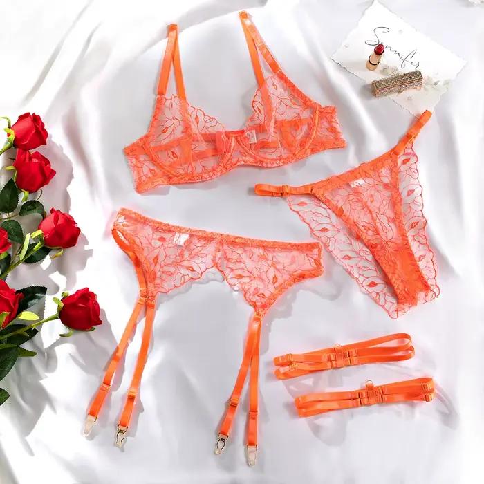 Lingerie féminine sexy chaude maille transparente broderie sous-vêtements 3 pièces ensembles exotiques dentelle