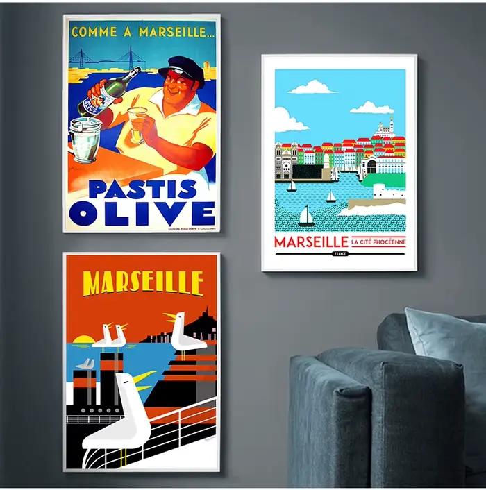 Toile de voyage d'olive de Marseille Anis de France, images Vintage, affiches Kraft, autocollants muraux enduits, décoration de maison, cadeau