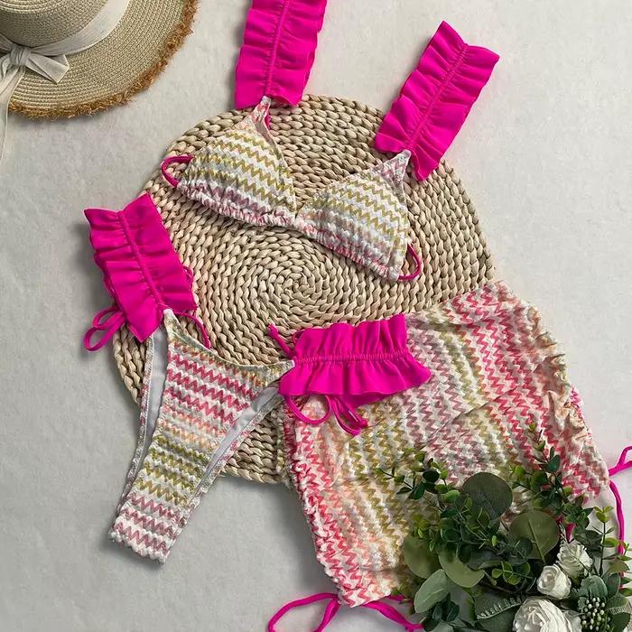 DEBAIOR nouveau ensemble de Bikini Sexy femmes maillot de bain trois pièces avec jupe couvrir bords froissés