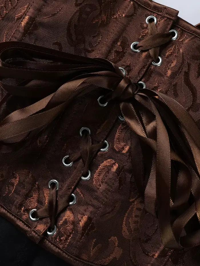 Corset bustier sans bretelles en jacquard baroque marron pour femme, avec baleines en acier et dos lacé, idéal pour les tenues vintage et gothiques