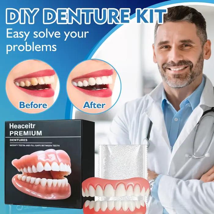 Kit de prothèses dentaires DIY, prothèses faciles à utiliser (supérieures et inférieures), solutions de prothèses dentaires à domicile pour un sourire idéal, convient aux femmes et aux hommes.