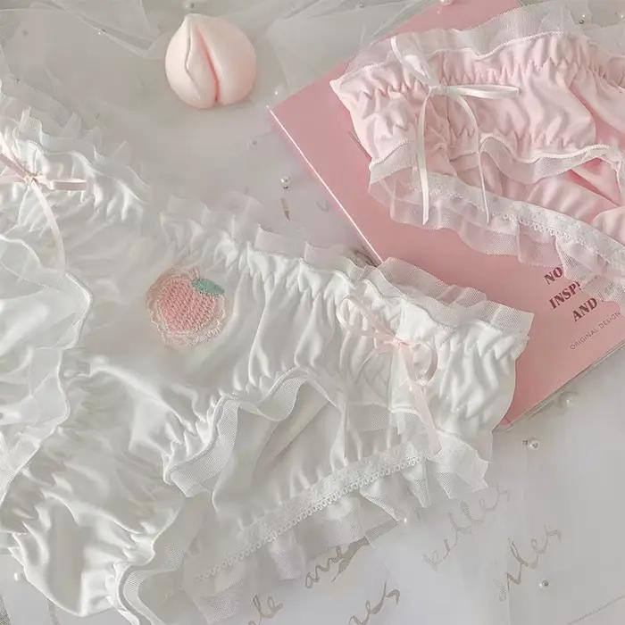 Femmes mignon fraise culottes doux volants slips confort Satin dessin animé pêche sous-vêtements fille Kawaii Lingerie