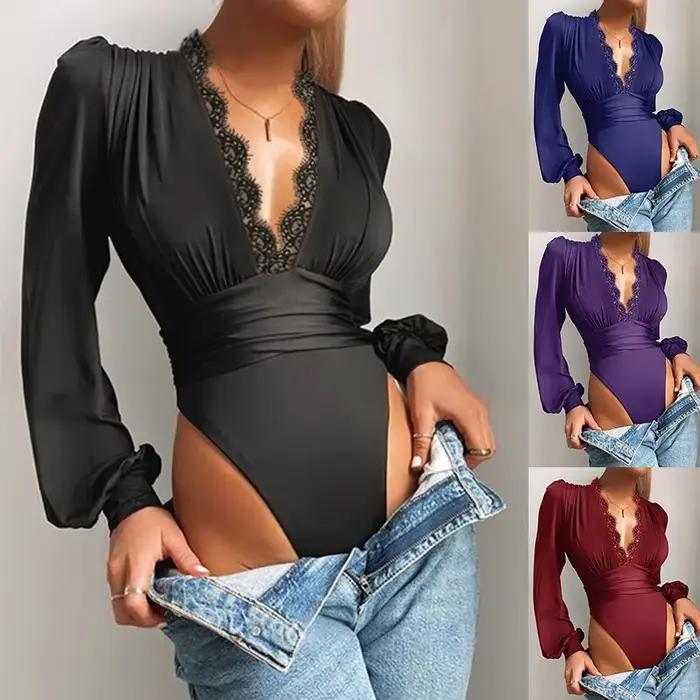 Body sexy en dentelle appliquée à manches longues pour femme