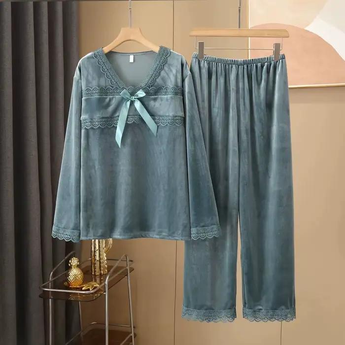 Sexy velours 2 pièces PJS ensemble vêtements de nuit féminins