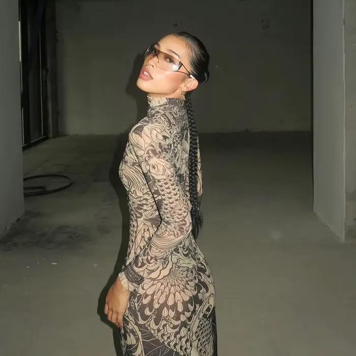 Nibber femmes élégant col rond corps imprimé Robe Maxi manches longues corps-shaping