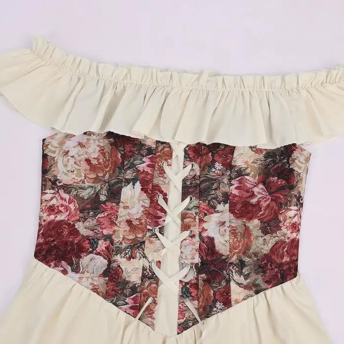 Robe Corset Médiévale Renaissance Épaules Dénudées Femme Élégante Corset Floral Vintage Gothique Victorien Costume d'Halloween Robe de Bal