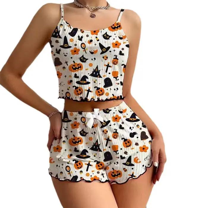 Ensemble pyjama imprimé citrouille d'halloween pour femmes