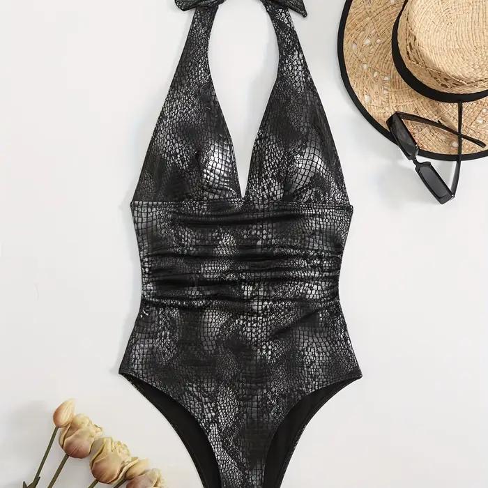 Maillot de bain une pièce sexy en similicuir serpent, col en V, ceinturé, dos nu, moulant, pour femme adulte, en tissu polyester haute élasticité