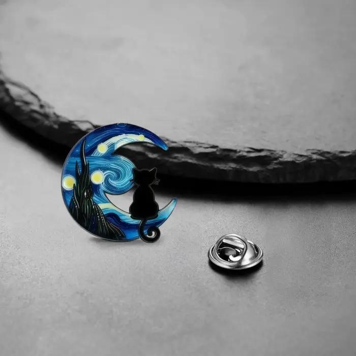 Broche Van Gogh La Nuit étoilée, étoile, lune et chat noir, broches asymétriques ciel nocturne pour femme, bijoux d'anniversaire